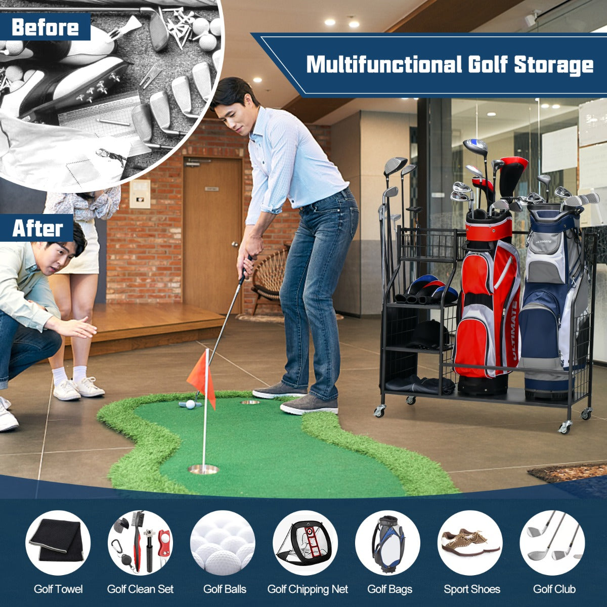 NNECW Golf Bag Storage Rack with Lockable Universal Wheels for Golfing Equipment